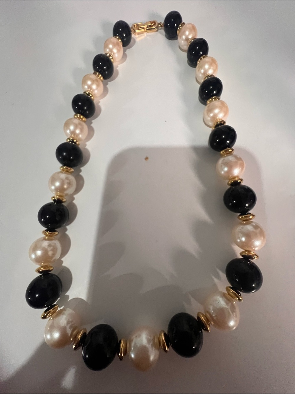 Classic Black & Ivory Pearl Bead Necklace - Gold Accents